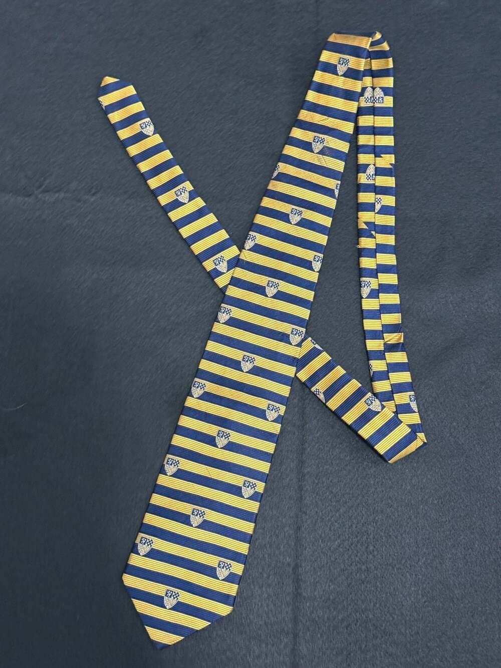 Brooks Brothers Makers Silk Tie Blue and Yellow Striped with Crest Logo